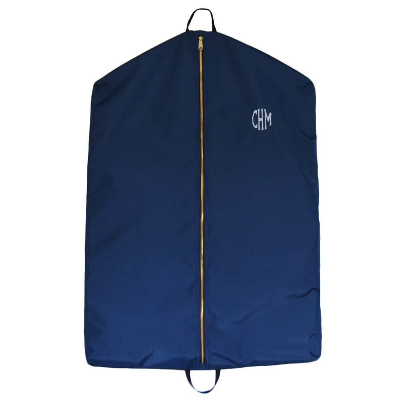 Navy garment bag with monogram